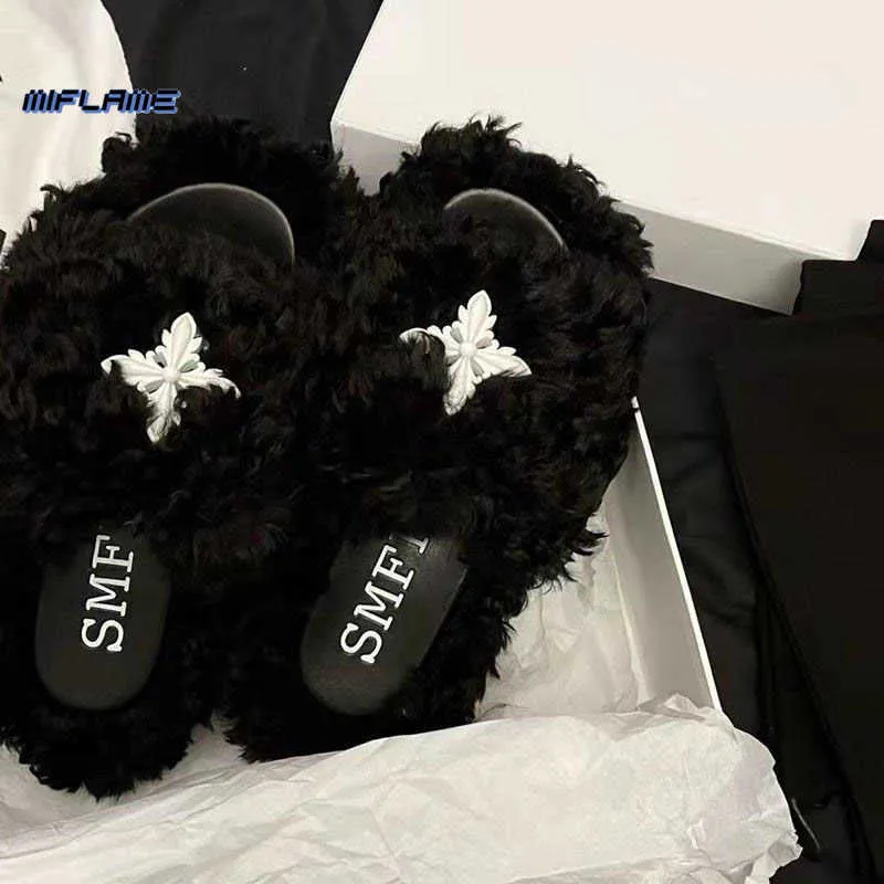 靴 SMFK SL002B1 SLIPPERS FEMALE Size 38 Slippers SMFK Plush Cross Slippers Womens Wool From Us_illinois