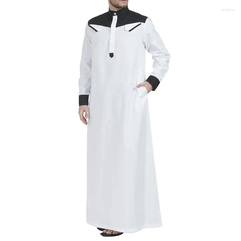 Ethnic Clothing Wepbel Muslim Jubba Thobe Men Loose Lapel Placket Stitching Caftan Abaya Long-Sleeved Robe Style Djellaba