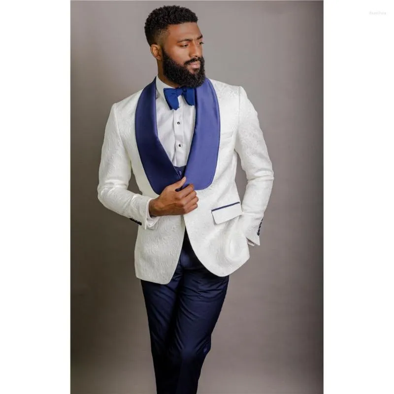 Costumes pour hommes hommes arrivée châle revers homme motif blanc marié Tuxedos mariage/bal 3 pièces (veste pantalon gilet cravate) E53