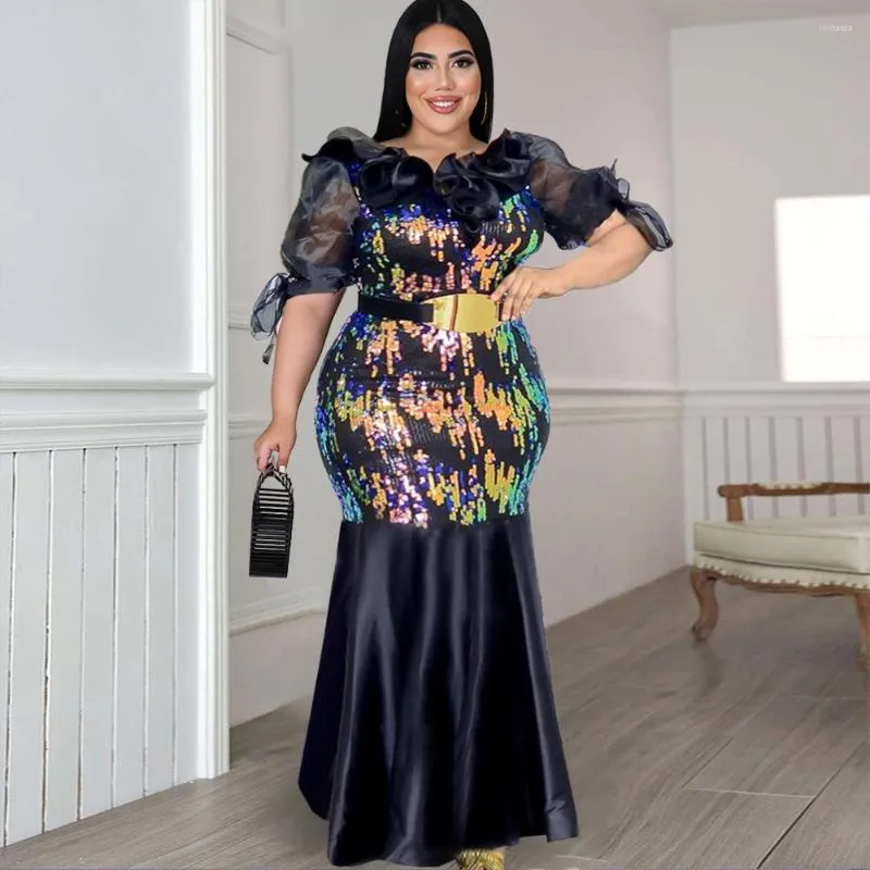 Plus Size Kleider Damen Kleid Mode Große Fat Mm Fitting Plissee Kragen Hohe Taille Pailletten Hüfttasche Bankett Abend Party