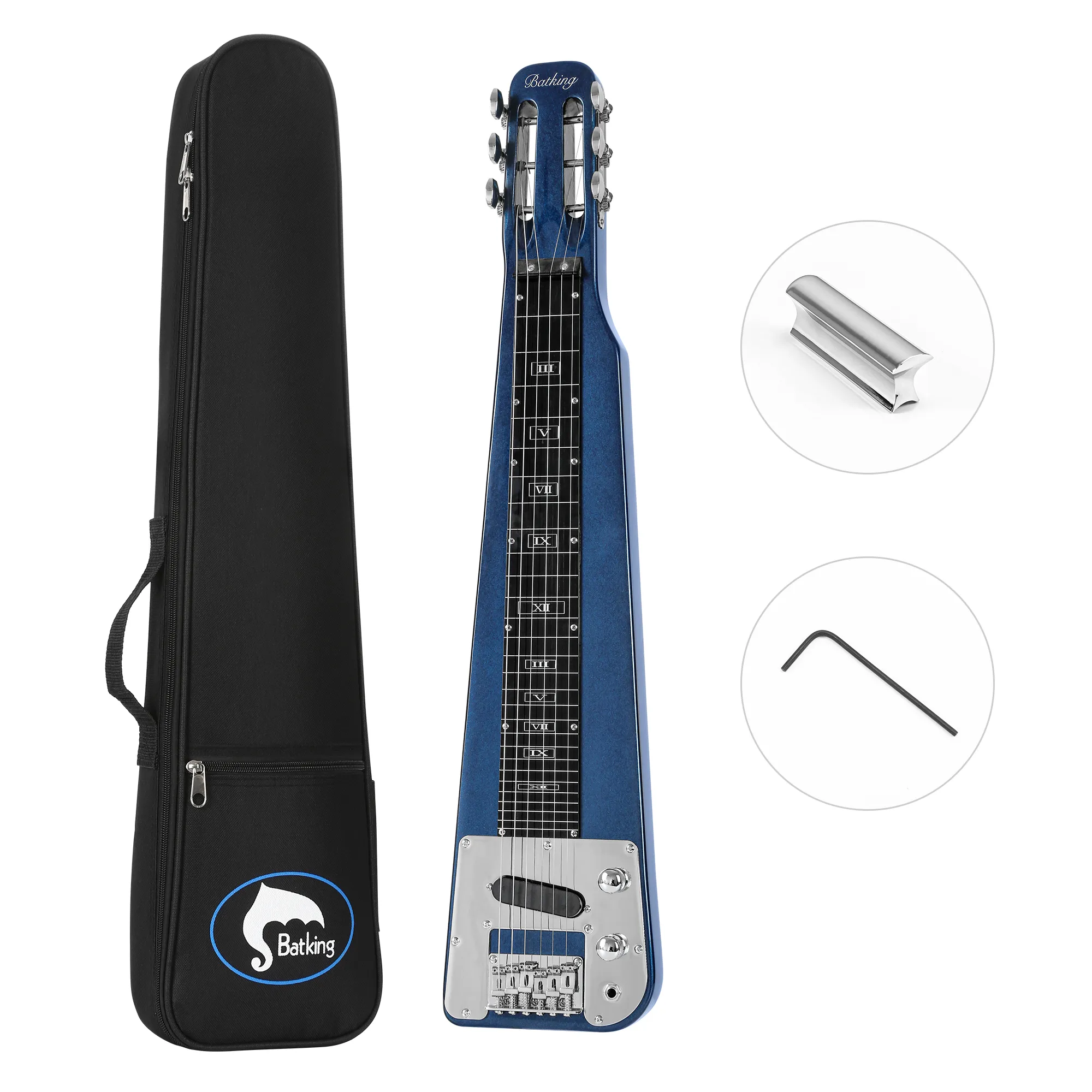 Guitarra de lâmina de aço de lap em cor azul escuro Musoo 6 cordas de cabeça com ranhura de estoque de guitarra elétrica