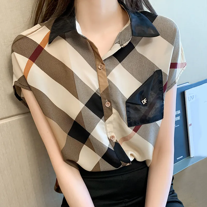 女性の夏のシャツシフォンオフィスブラウス半袖ポロネック格子レディースルーズな気質トップス Blusas ファッション