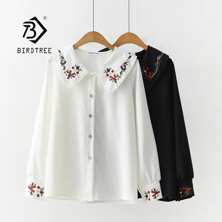 Women's Blouses Shirts Floral Embroidered Button Up Chiffon Blouse Long Sleeve Peter pan Collar Shirt Sweet Girls Loose Plus Size Top T93902F 230217
