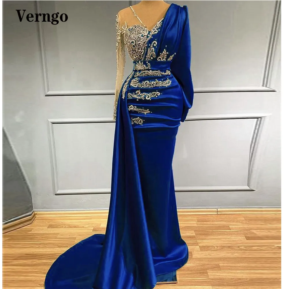 Party Dresses Verngo Royal Blue Satin Beads Long Sleeves Evening Dresses With Detachable Train V Neck Dubai Women Luxury Formal Prom Gowns 230217