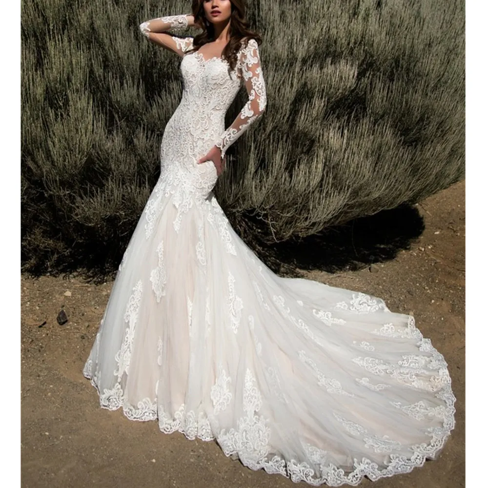 Abiti da sposa a sirena di lusso Abiti da sposa a maniche lunghe Scollo rotondo Ruffles a strati Cappella treno Robe De Soiree