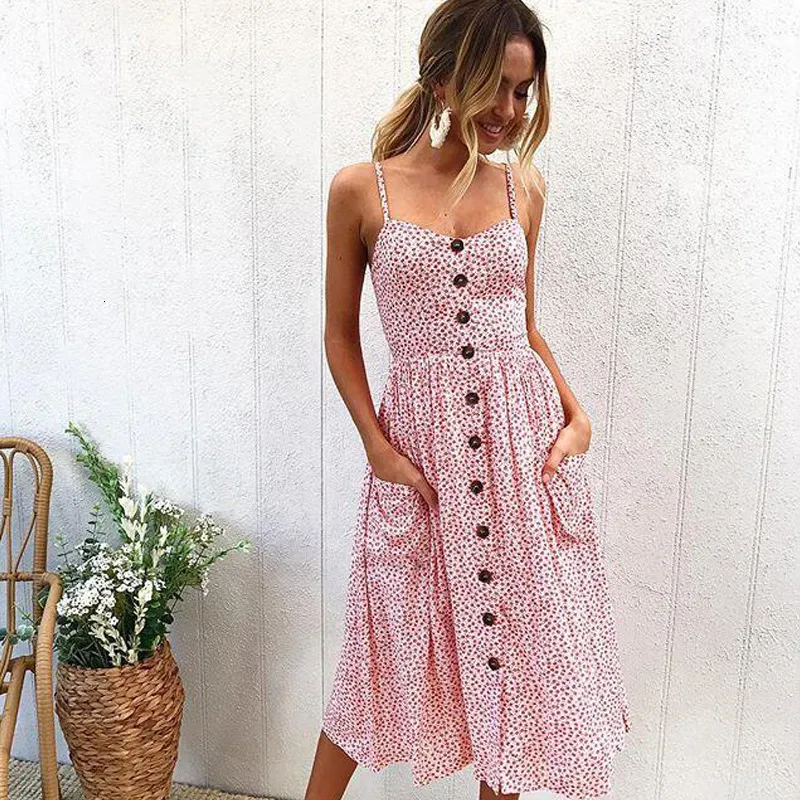 2018 New LOSSKY Women Print Floral Stripe Bohemian Dress V-Neck Sleevele Sexy Button Beach Casual Boho Midi Dress Plus Size 3XL