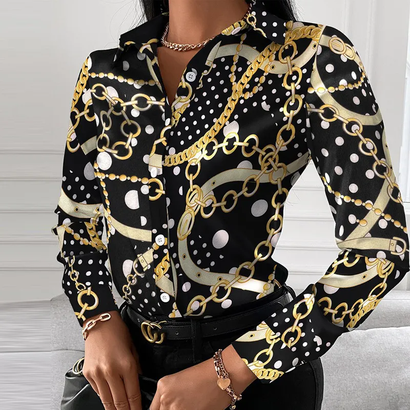 Tops y blusas con estampado de cadena para mujer camisas elegantes informales de manga larga con cuello vuelto a la moda de talla grande para trabajo