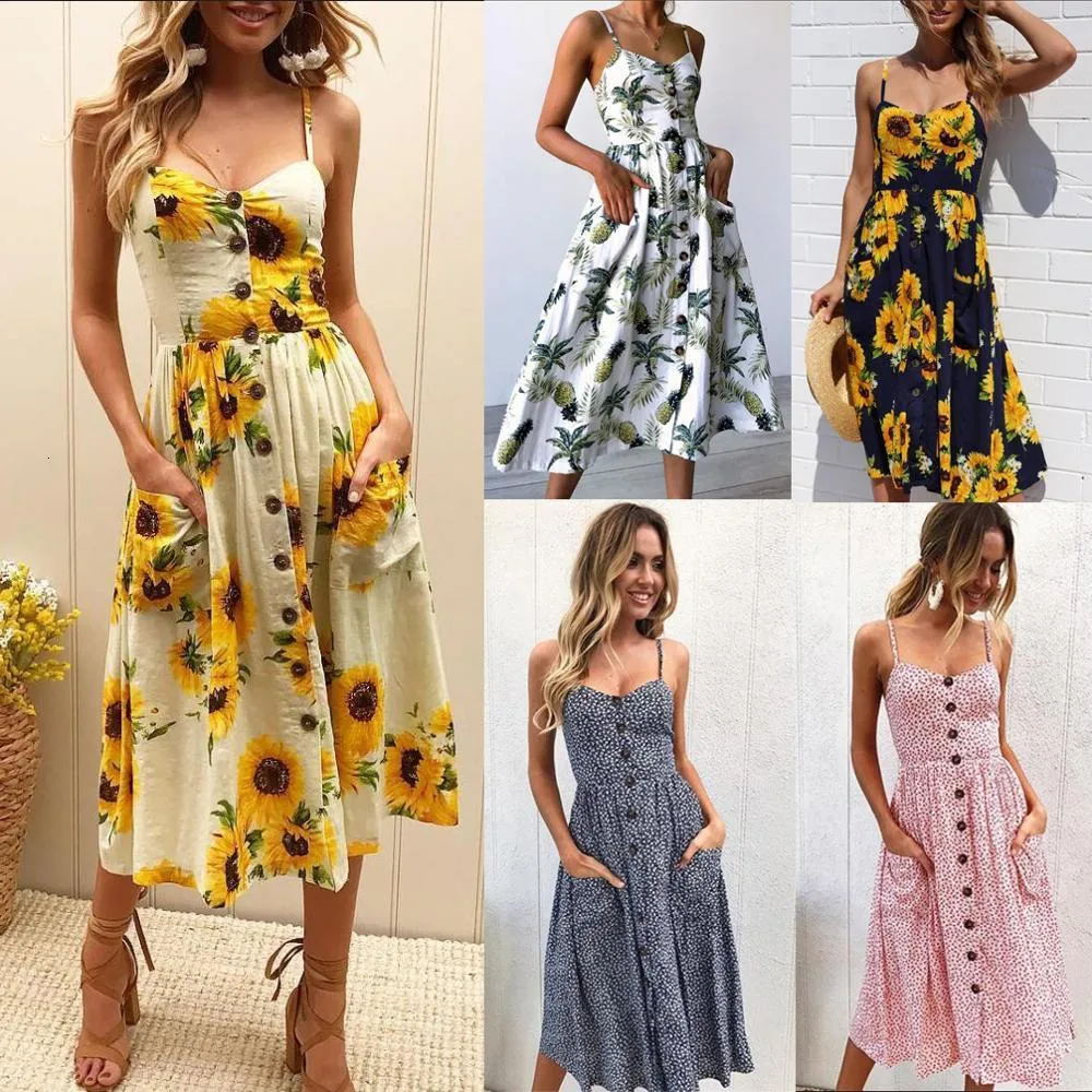 2018 New LOSSKY Women Print Floral Stripe Bohemian Dress V-Neck Sleevele Sexy Button Beach Casual Boho Midi Dress Plus Size 3XL