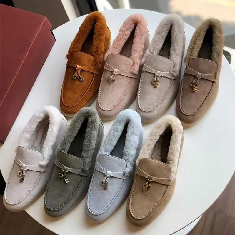 Italy Original Designer Shoes Rolopiana Pure original LP women's shoes flat loafer sheep suede plush rabbit hair warm cotton women