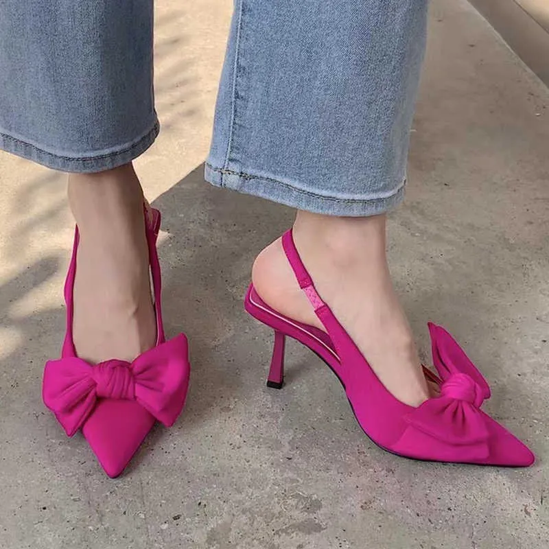 Dress Shoes Women Pumps 2022 Spring New Thin High Heels Mules Sandals Butterfly-knot Shoes Female Pointed Toe Slides Fashion Ladies Pumps L230216