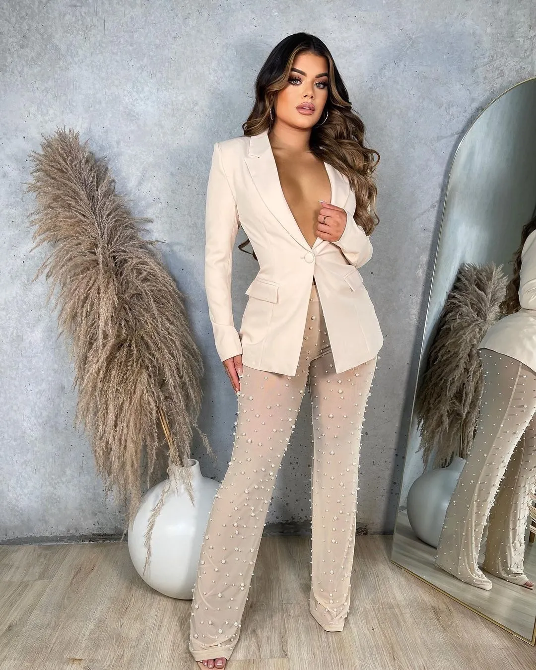 Womens Two Piece Pants Pearls Blazer 2 Sets Women Suit Single Button Long Sleeve Coat Top Sheer Mesh Flare with Panties Sexy Clubwear 230216