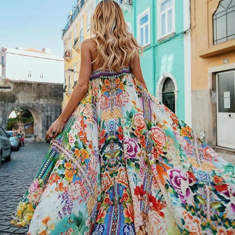 Sukienki swobodne sukienki dla Mody Hash-Up Sundress Sleepevela Bez rękawów Kwiatowy Slit Long Party Prom Summer Beach Maxi Boho Ubranie