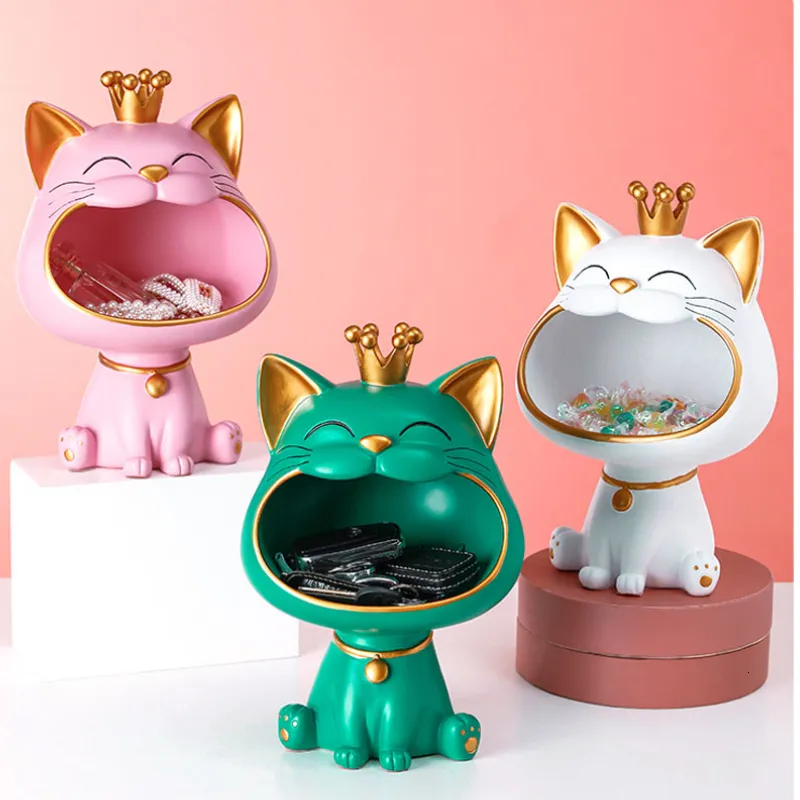 Dekorativa föremål Figurer Lucky Cat Staty Sculpture Table Decoration Miniature Figur Sundries Lagring Box Modern vardagsrum Disk Heminredning 230217