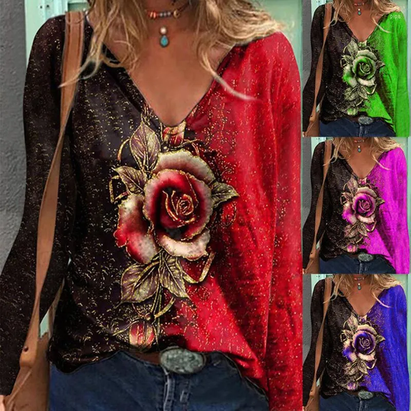 Women's Polos Women Tee Shirts Long Sleeve V-Neck Flowers Print T-shirt Casual Fashion Female Autumn And Winter Tops