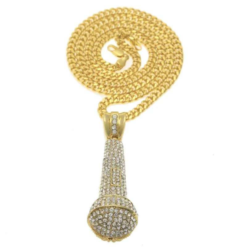 Pendant Necklaces Hip Hop Bling Out Full Rhinestones Microphone Pendants Necklace For Men Jewelry With 5mm 28" Cuban Chain Gold ColorPe