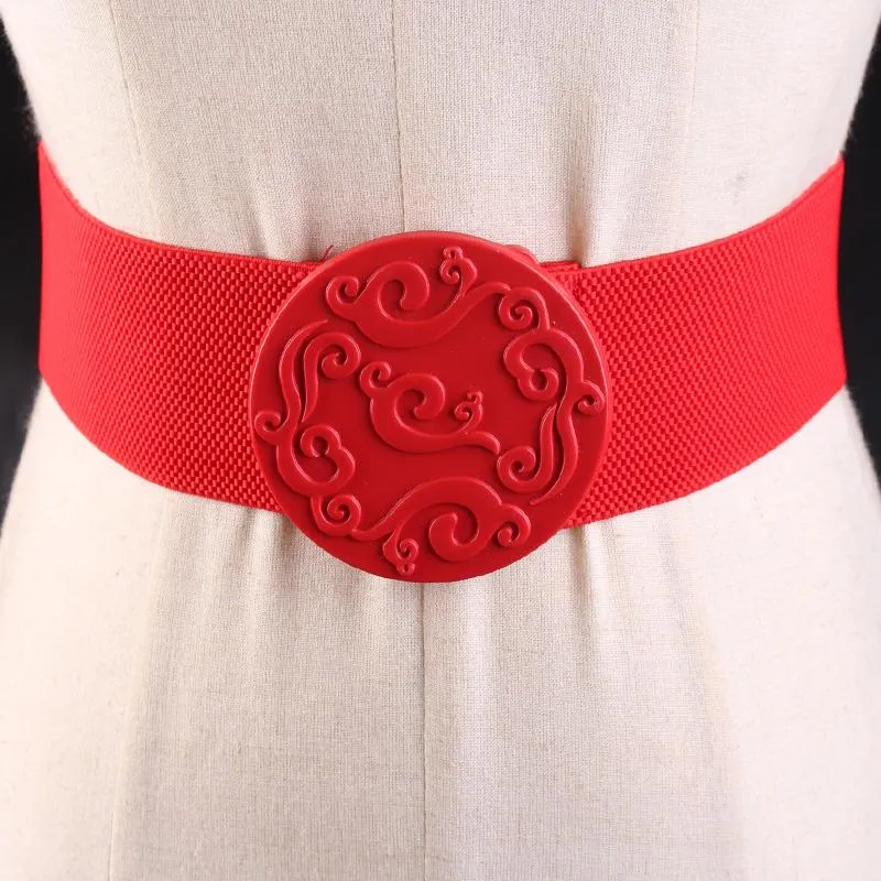 Belts Red Elastic Stretch Wide Belt Ladies Retro Waistband Women Round Buckle Decorative Dress Fashion Female Girdle H3165