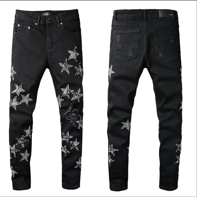 Jeans amirs topp herr mager rak smal rippad jean elastisk motorcykel cyklist stretch denim byxor klassiska byxor