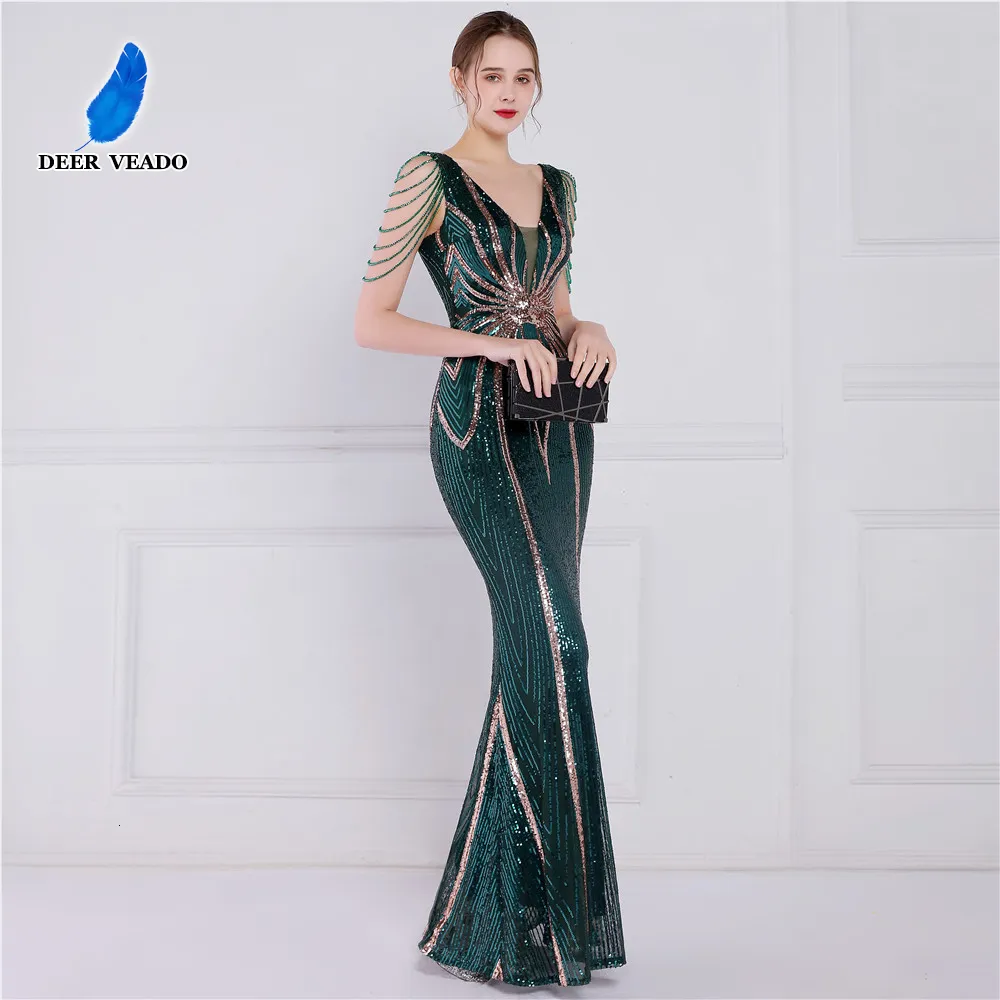 Party Dresses DEERVEADO Green Sequin Long Evening Dress Luxury Beading Formal Dress Women Elegant Evening Gown Chic Woman Maxi Dress 230217