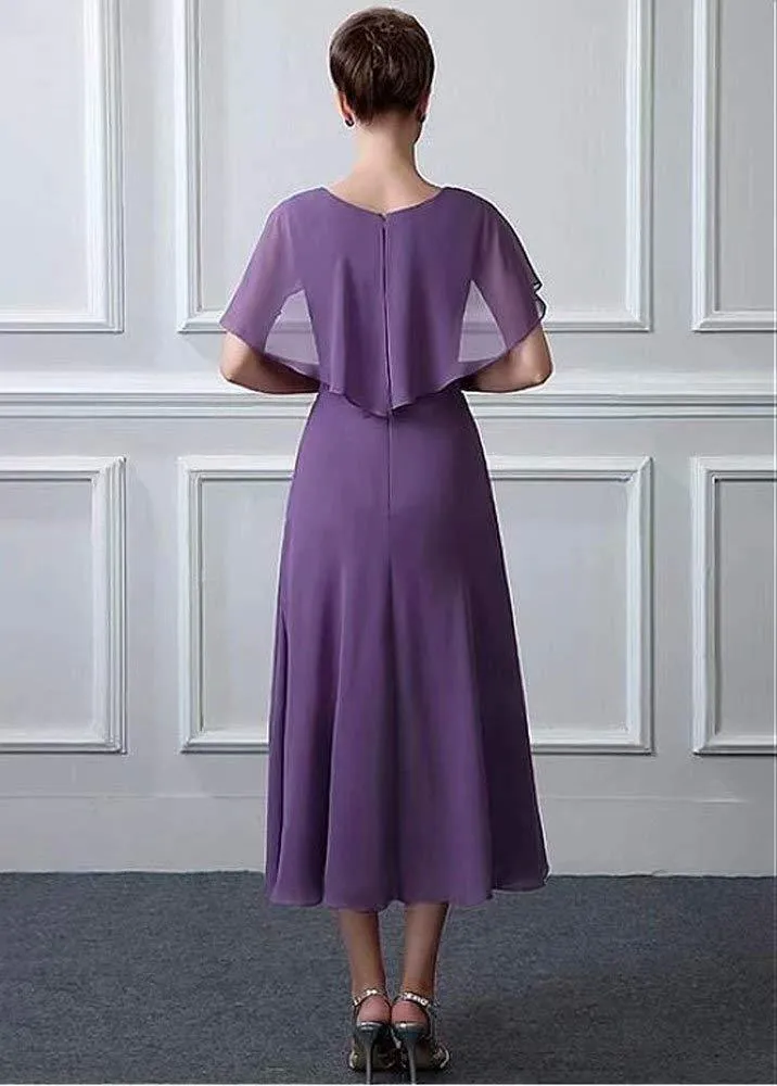Chiffon A lijn moeder van de bruid jurk thee lengte paarse bruiloft gast jurk met plooien cape sjaal grote maat 2024 zomer formele avondkleding