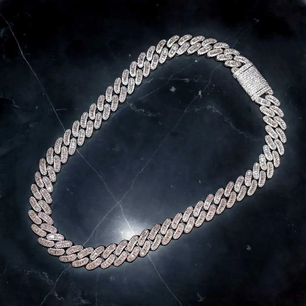 2023 15mm Prong Baguette Cuban Chain 14K White Gold Plated Real Iced Diamonds Halsband Kubiska zirkoniumsmycken 14-20 tums längd