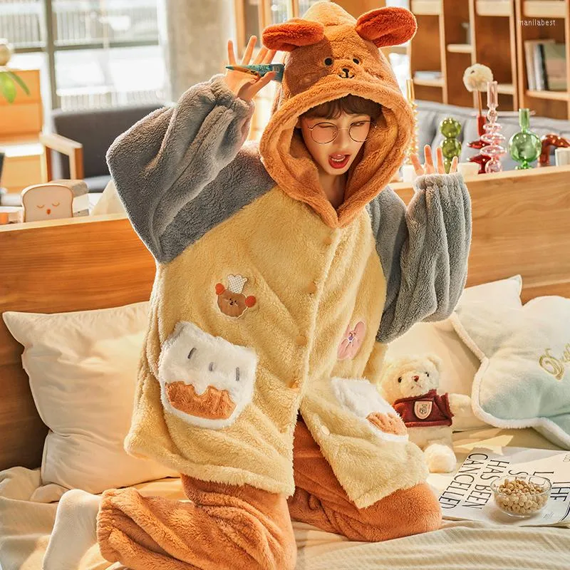 Women's Sleepwear FUNISHI Cartoon Plush Pajama Set Women Medium Style Winter Pajamas Plus Size Coral Fleece Loose Version Inspissate