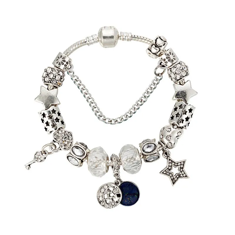 Charm-Armbänder mit Mond- und Sternen-Anhänger für Pandora, 925 versilbert, Schlangenkette, Party-Schmuck für Frauen, Freundin, Geschenk, transparentes Charms-Armband mit Originalverpackung