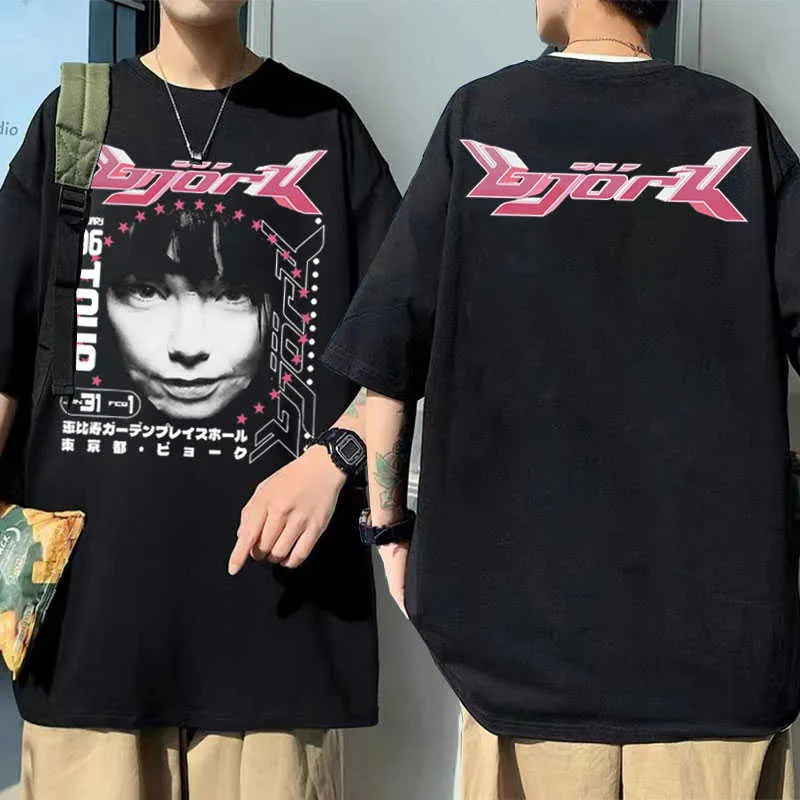 Erkek T-Shirt Bjork Japon Turu 1996 Müzik Albümü Çift Taraflı Baskı Tshirt Erkek HipHop T Gömlek Erkek Kadın Boy Sokak Vintage Tshirt J230217