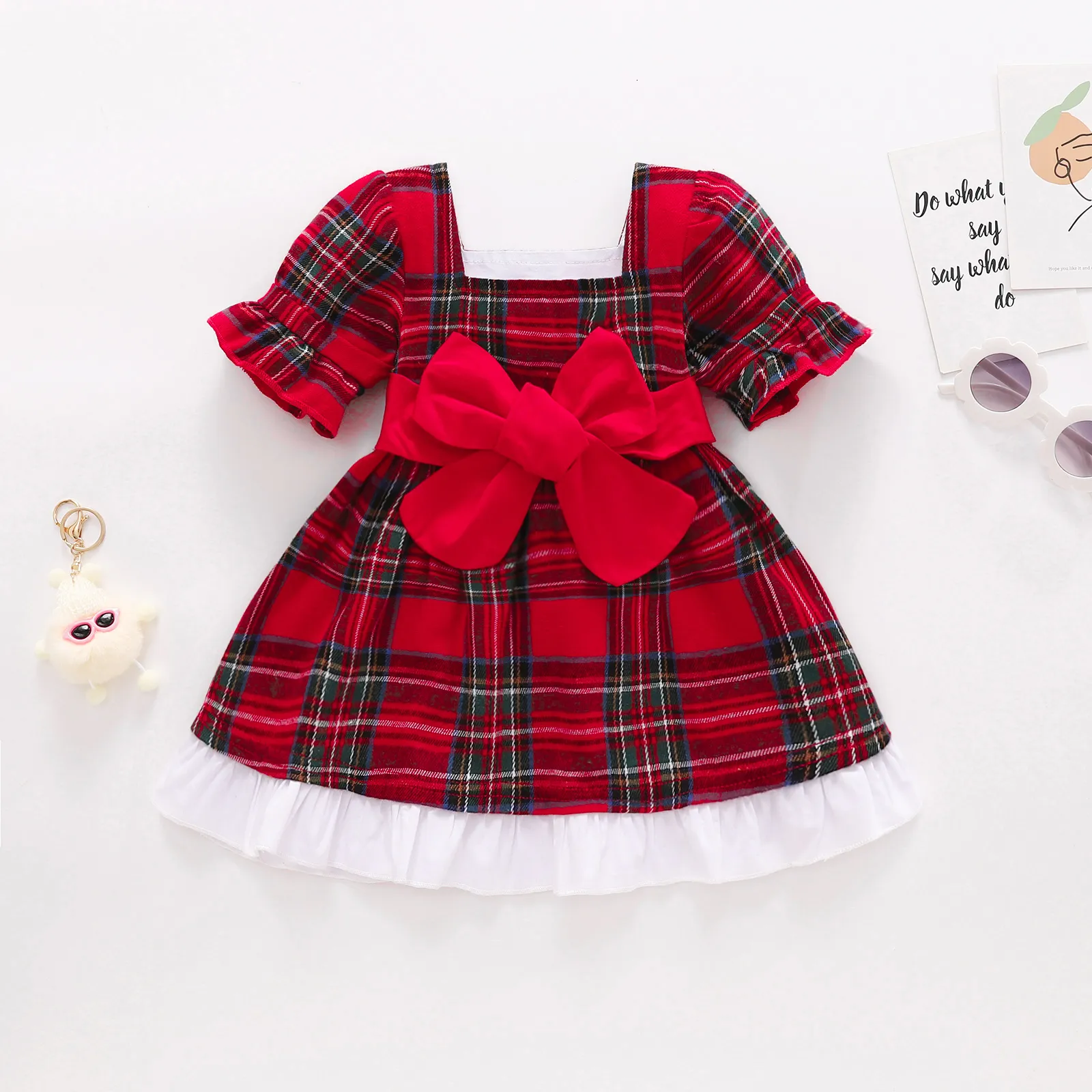 Flickor klänningar Citgeett Summer Toddler Baby Casual Dress Puff Sleeve Lace Bowknot Plaid Xmas kläder 230217