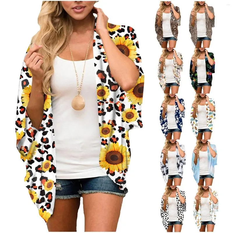 Blouses Femme Femmes 1/2 Manches Léopard Imprimé Plage Top En Mousseline Lâche Kimono Cardigan Capes Chemisier D'été Cardigans De Mode