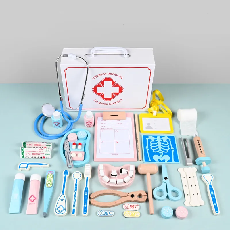 Andere speelgoed 42pcs Kids Doctor Play Set doen alsof Doctor's Kit Role Play Wooden Kit met Stethoscoop en Carrying Case Educational Toy 230216