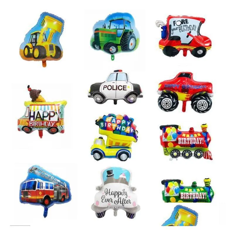 Palloncini per feste Treno Palloncino in alluminio Forma di cartone animato Carro armato Camion dei pompieri Ambance Bldozer Scuolabus Trasporto Giocattolo per bambini Dhysi