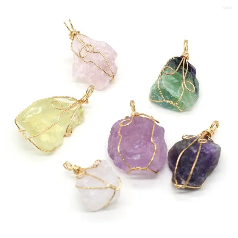 Hänge halsband Natural Stone Rock Pendants Golden Wire Wrap Amethysts Citriner Crystal för smycken Making Earring Necklace Reiki Heal