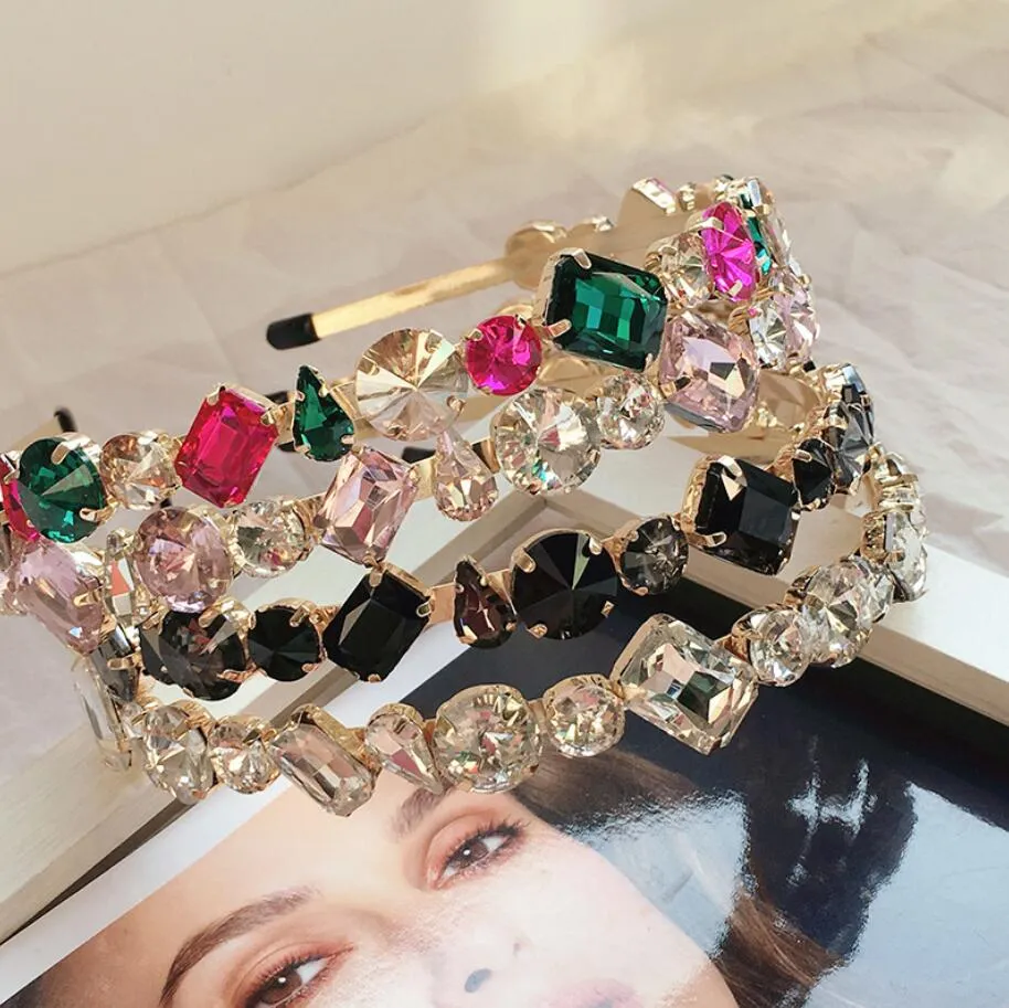 Shiny Colorful Gem Baroque Headbands Women Metal Vintage Rhinestone Head Hoop Full Crystal Headband Diamond Hair Accessories