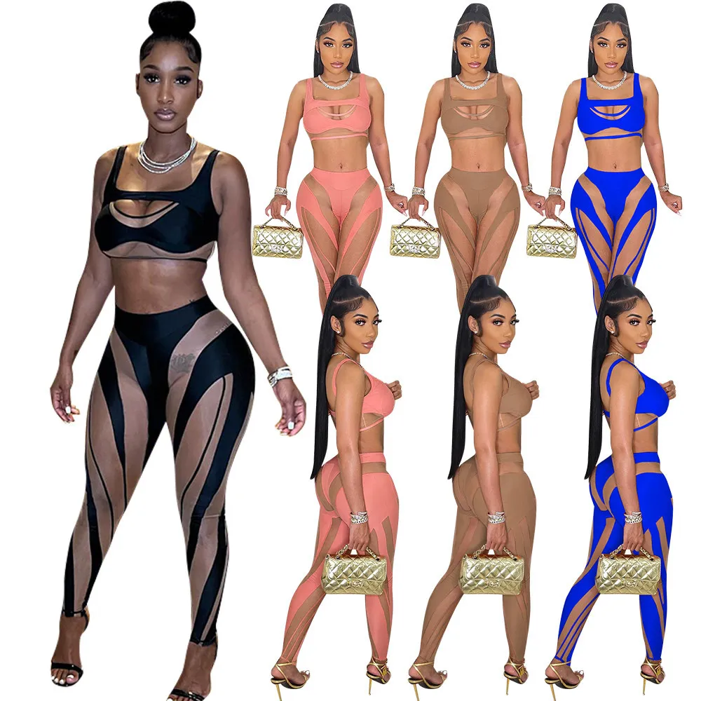 2023 Designer Summer Tracksuits Women Mesh Outfits Two Piece Set Sexy Tank Crop Top and Pants Matching Sets Sportswear See Through Clothes Wholesale items 9289