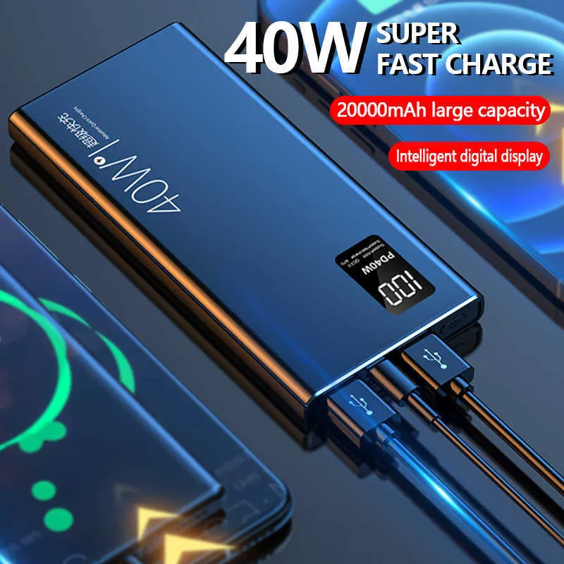 Mobiltelefon Power Banks 40w supersnabb laddning stor kapacitet 20000 mA mobil kraft tvåvägs snabbladdning digital display externt batteri QC30 J230217