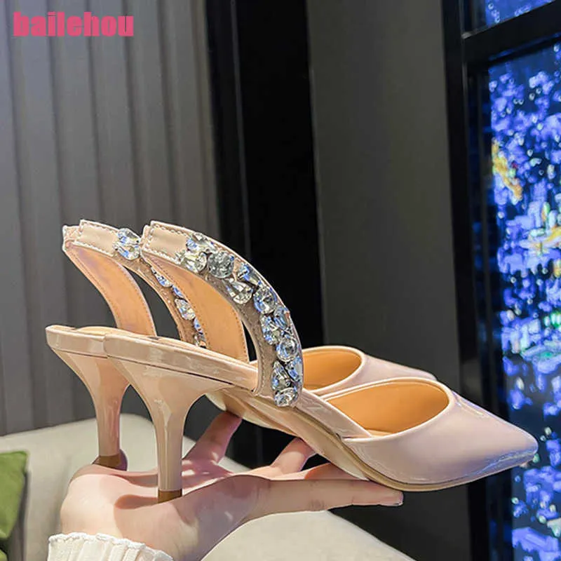 Robe chaussures mode femmes pompes minces talons hauts 2023 nouveau en été strass sandales pointues chaussures de luxe style coréen diapositives l230216