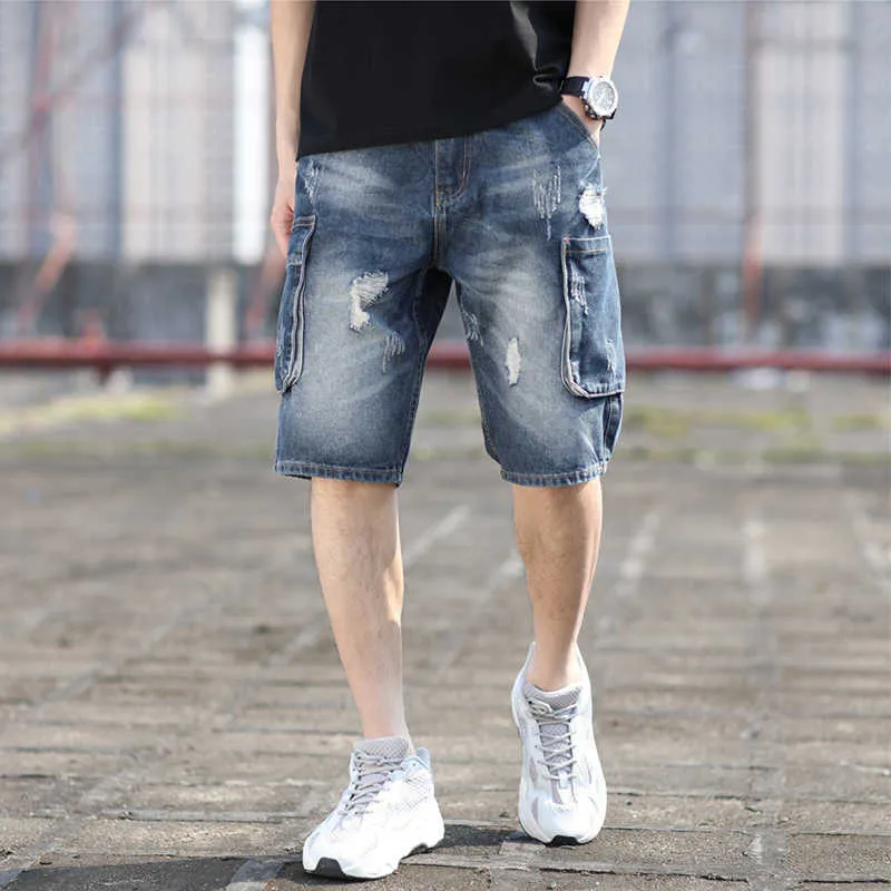 Men's Shorts Summer Mens Casual Denim Shorts Fashion Multipocket Solid Color Light Blue Cargo bermuda Ripped Jeans Shorts Large Size 2842 Z0216