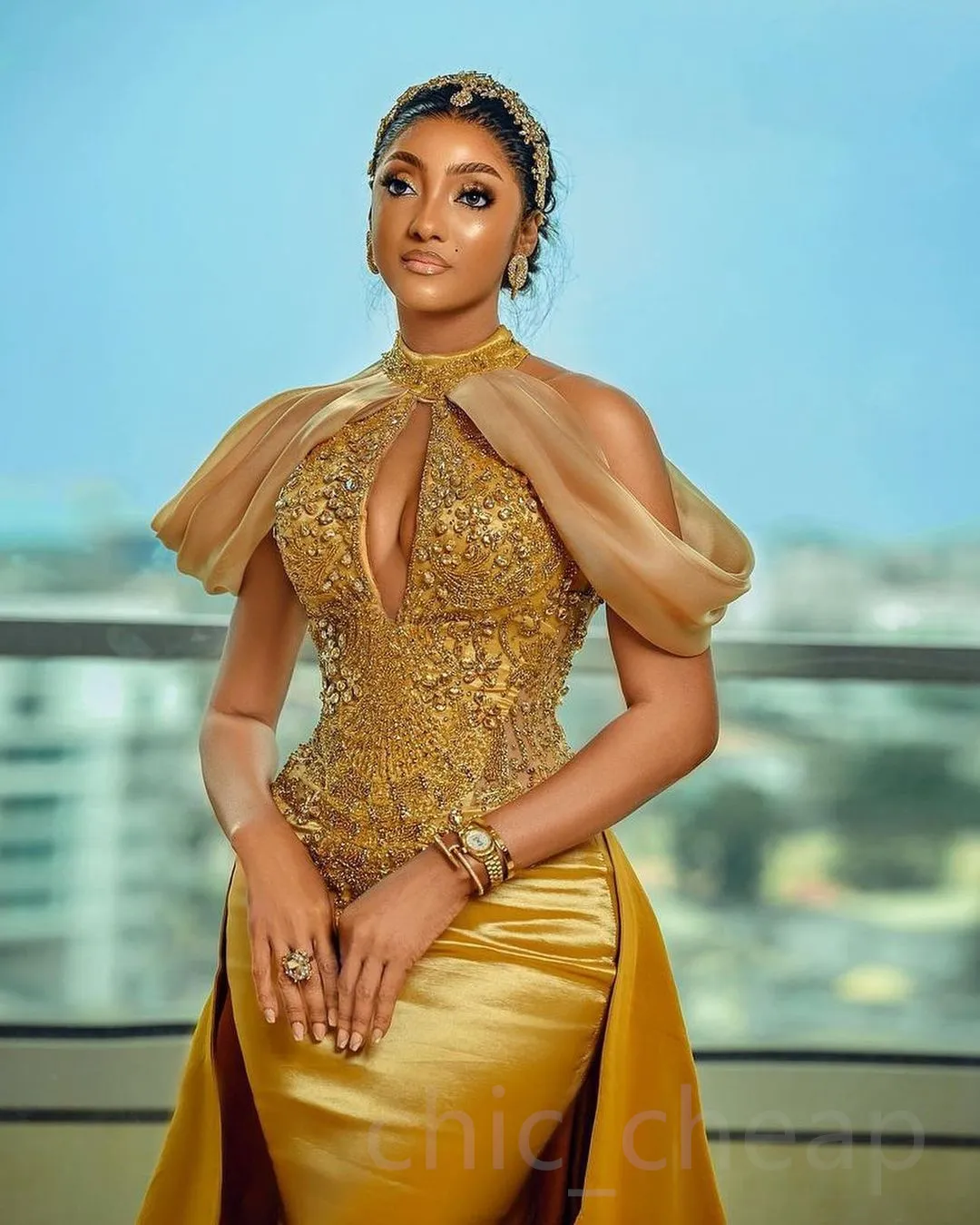 Gold Lace Mermaid Gold Prom Dresses 2022 with Beaded Crystals - Perfect for Arabic Aso Ebi, Evening Formal Party, Second Reception, Birthday, and
