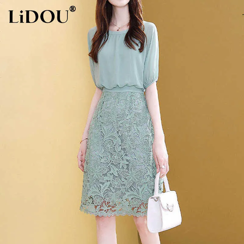 Casual Dresses 2022 Summer New Elegant Fashion Fake Two Piece Lace Chiffon Patchwork Dresses Office Lady Short Sleeve Simple Popularity Dress Z0216