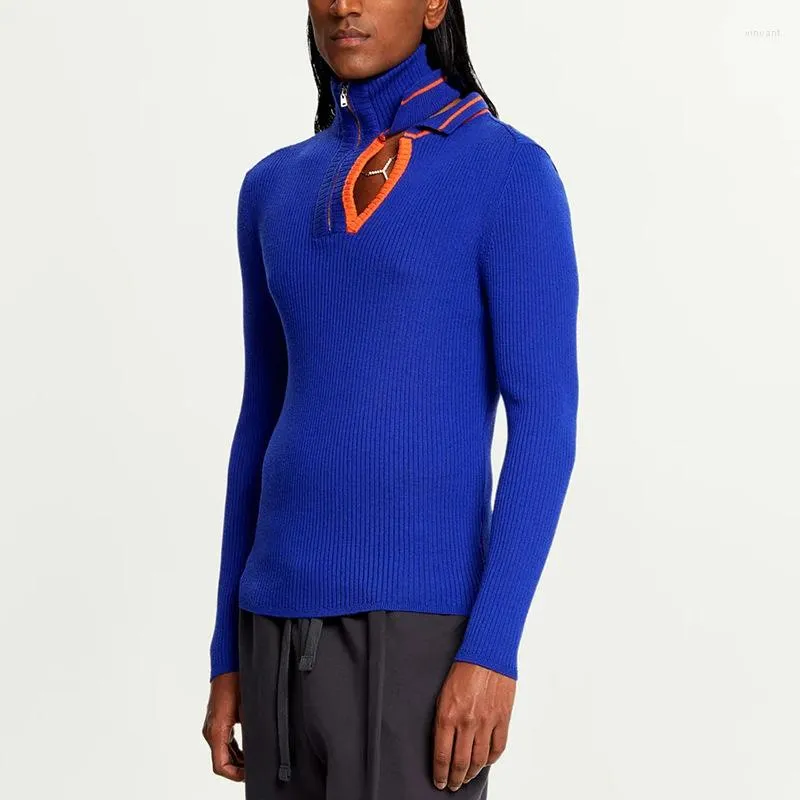 メンズセーター秋のファッションハイカラージップジャンパー男性編みパーティーセクシーなホローニットプルオーバーティーショースタイルカラーパッチワークセーター
