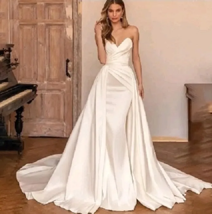 Elegant Strapless Satin Wedding Dress with Detachable Train Shop