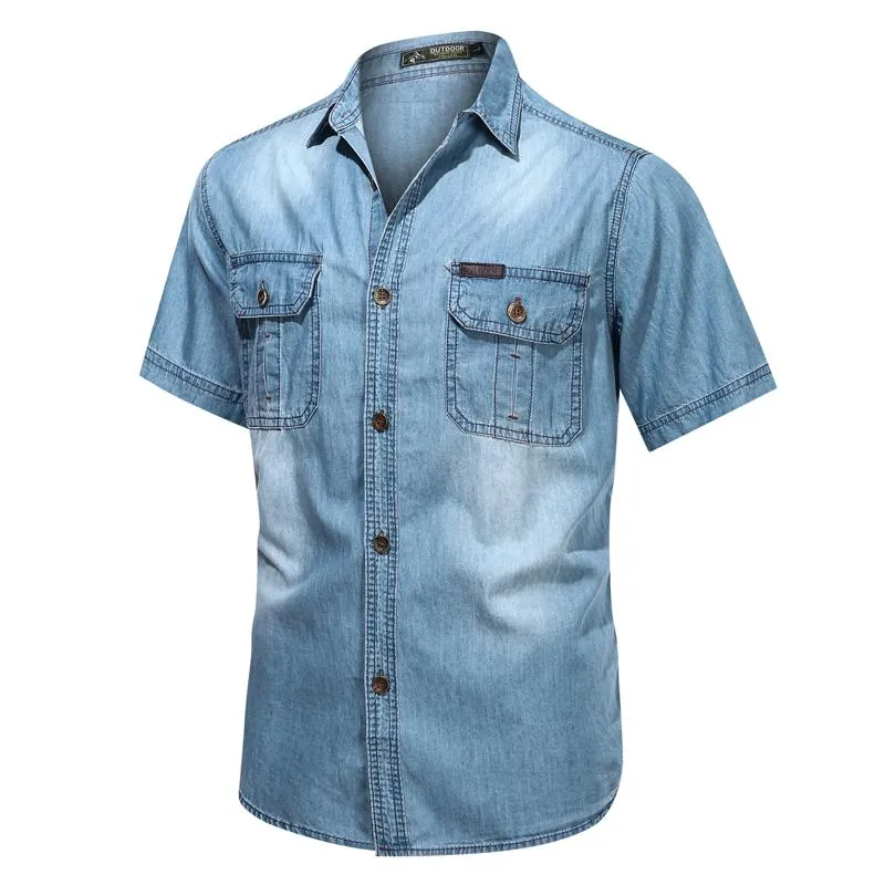 Camisa de mezclilla azul de las chaquetas para hombres bolsas de manga corta de algodón delgado de algodón de verano de alta calidad
