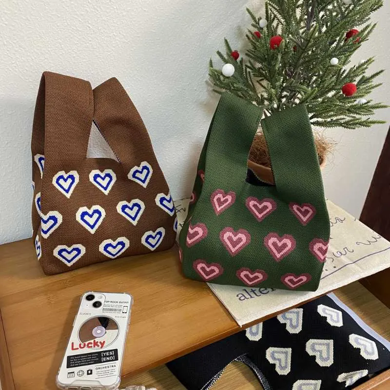 Totes Japanese Style Fashion Heart Shape Pattern Knit Tote Bag Retro Women`s Handbag Designer Female Woven Shopper Purse Travel Bag 0217/23