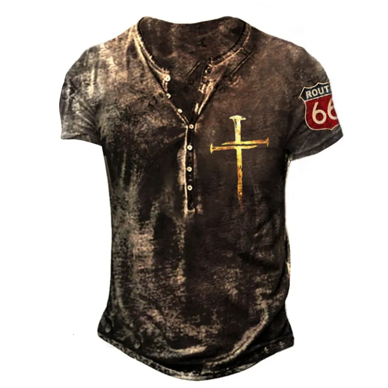 Men's T-Shirts Vintage Button V-neck Printed Short Sleeve Gothic Punk For Men Oversized ops ees Male Streetwear 230217