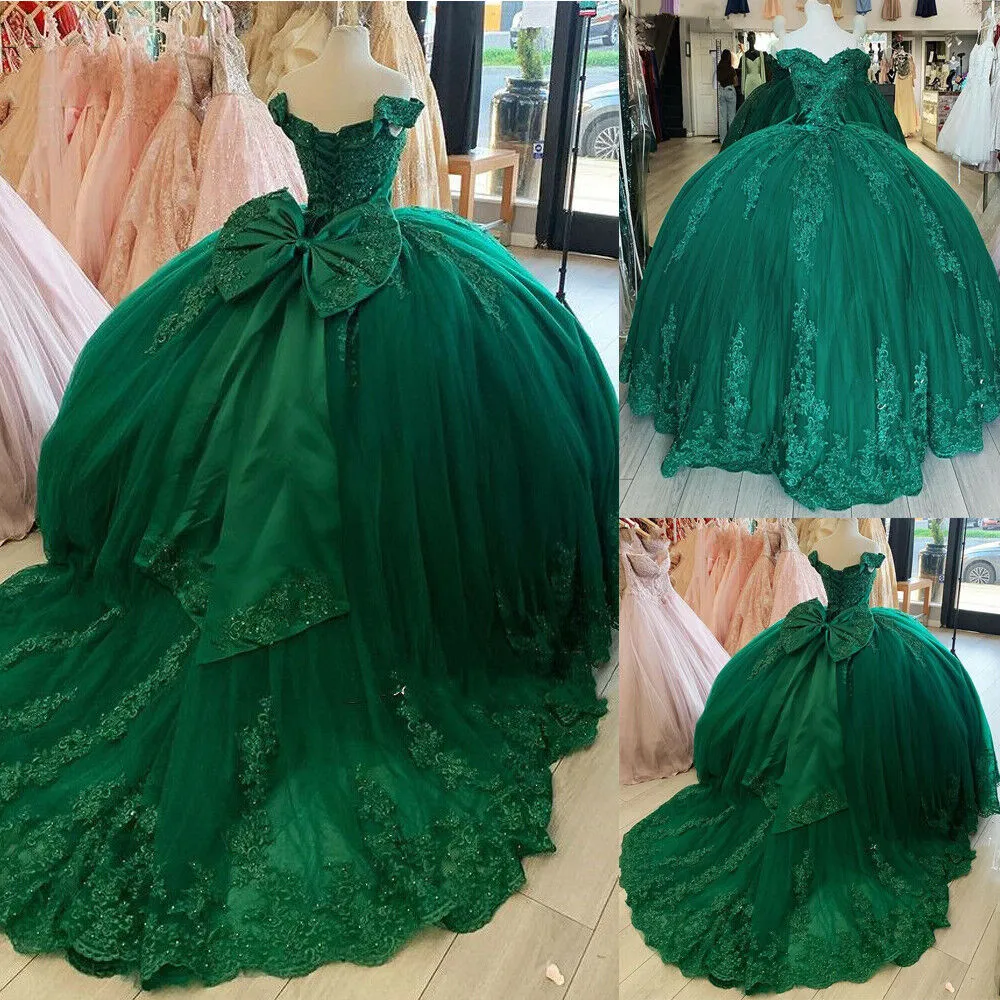 上品な緑色のレースQuinceanera Dresses2023 Puffy Tulle Ball Gown Gown Meninas de 15 Anos Porno Sweet 15 Birthday Party With Bow Elegant Prom Dress Vestidos DE XV ANOS