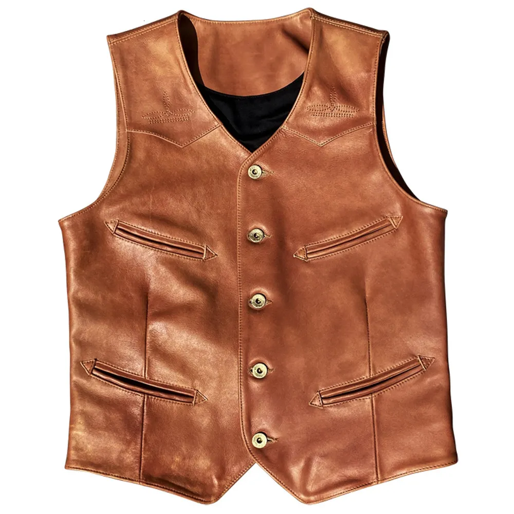 Men's Vests Mens American Real Cowhide Leather Coat Summer Style Workwear Waistcoat Vest Streetwear Vintage Man Topwear Clothing 230217