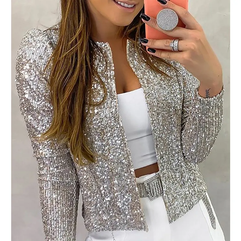 DHgate Chunchen Fashion Sequin Womens Jacket Glittering Long Sleeve Coats for Elegant Spring Office Wear Apparel