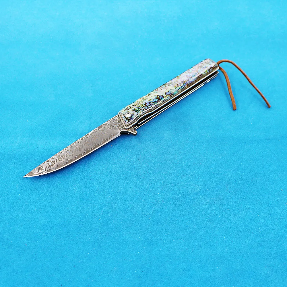 R2317 Карманный складной нож 76 слои VG10 Damascus Steel Blade Blue Abalone Grown Grenge Harding Flipper Fast Open Ножи с нейлоновым пакетом 20615