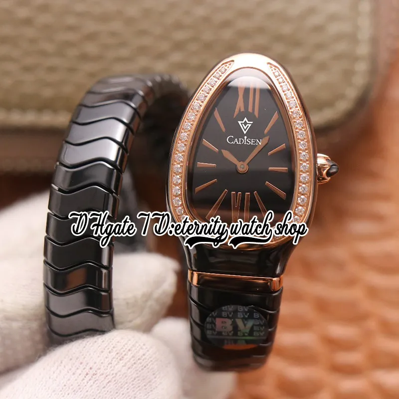 BVF BV102532 Szwajcarski kwarc Ruch Wyspaj 35 mm Rose Gold Diamonds Bezel Black Dial Stick Magery Ceramiczne Ceramika Bransoletka Eternity Lady Watches