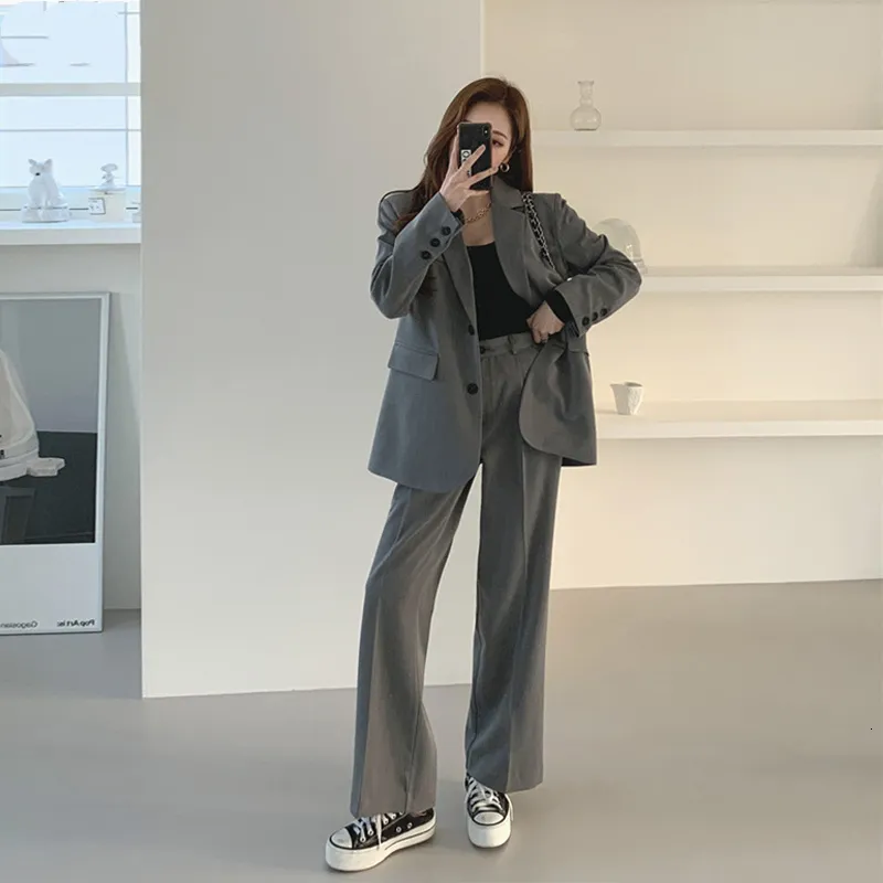 Женские брюки из двух частей, осенние офисные женские блейзеры, корейский стиль, свободный серый костюм, куртка с высокой талией, широкие брюки, 2 комплекта из двух частей, женские наряды 230216